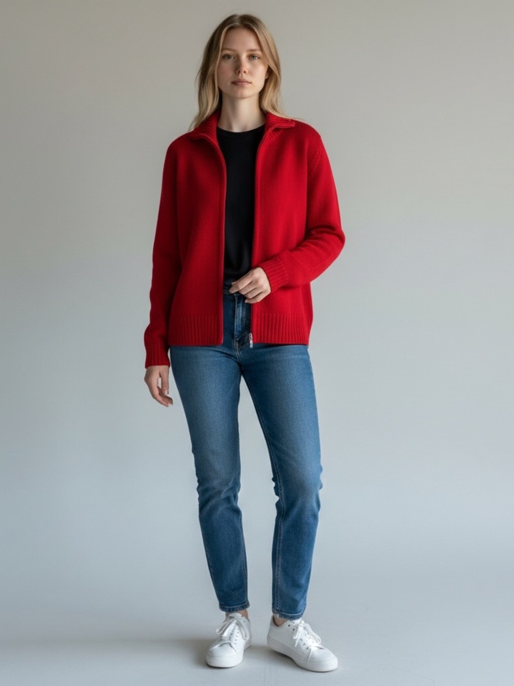Red Zip-Front Knit Cardigan company Ellen Tracy vintage 100% wool Hong Kong